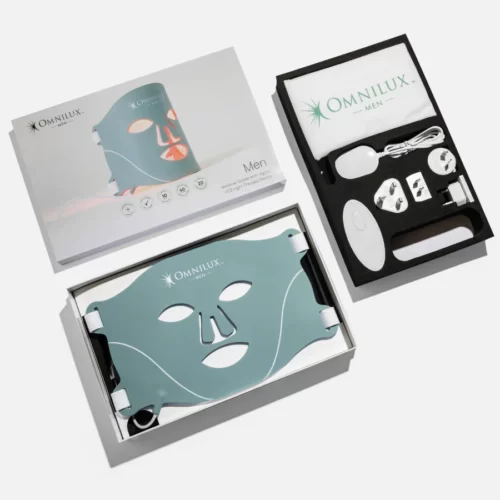 A picture of the omnilux men's mask packaging and charging cable plus controller